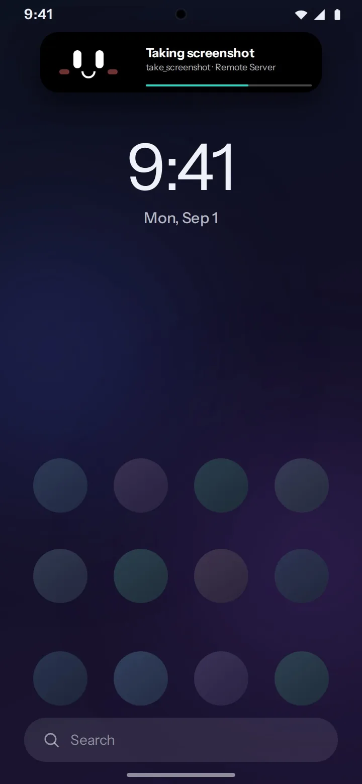 The animated companion face drawn as an overlay on the home screen, mouth open mid-sentence while text to speech plays.