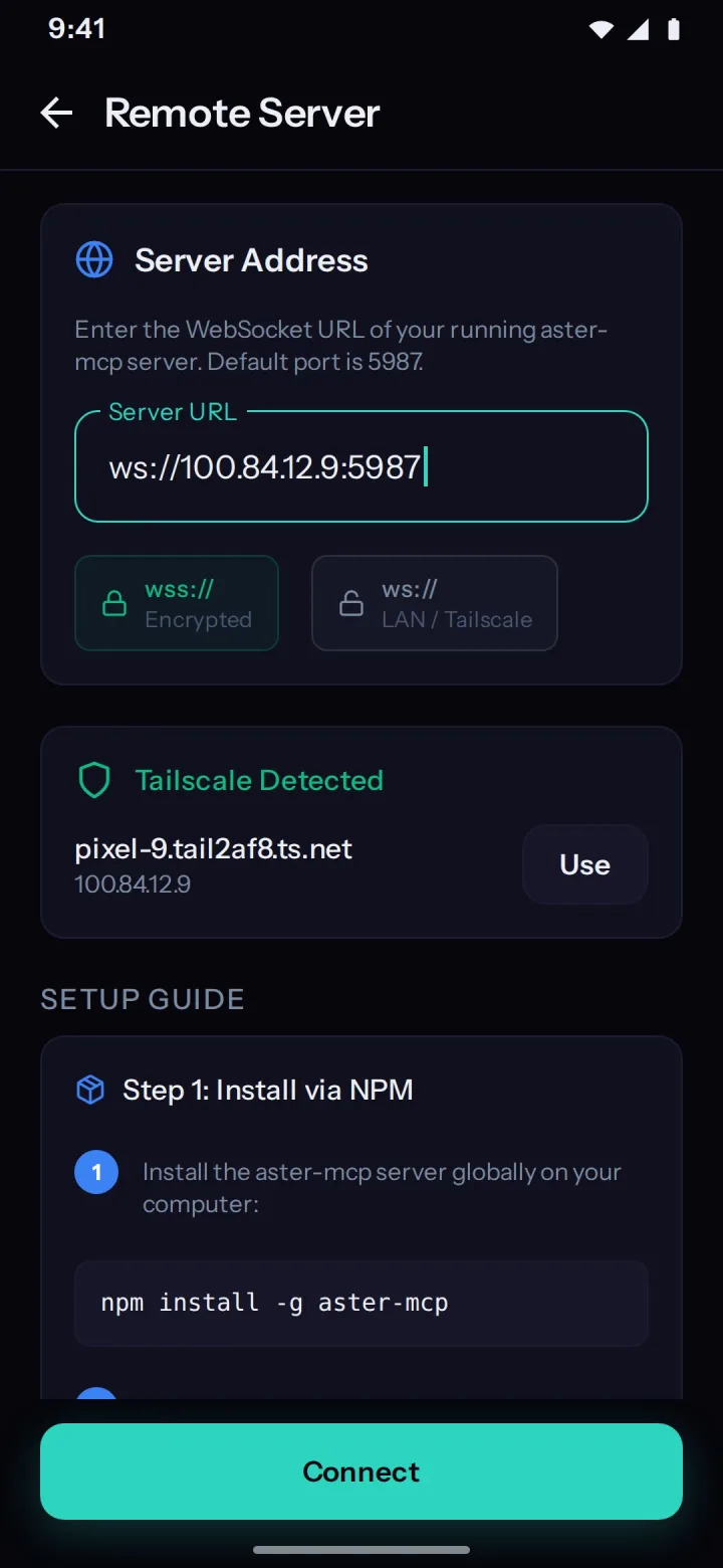 The Aster app connection screen: a server address and port field, a pairing code, and a Connect button with the current link state underneath.