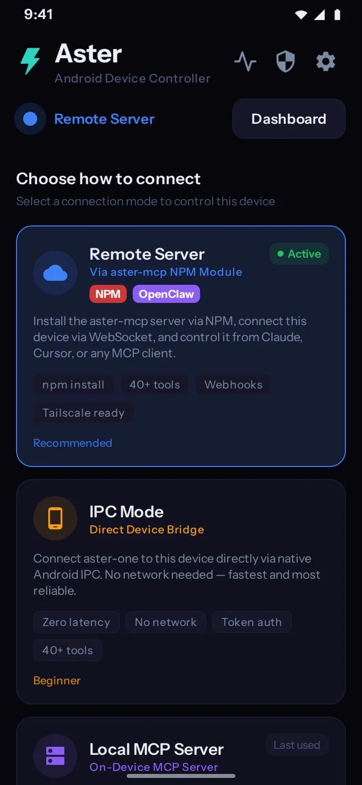 The app home screen listing the running services, the connection status, battery and storage readouts, and shortcuts to permissions and logs.
