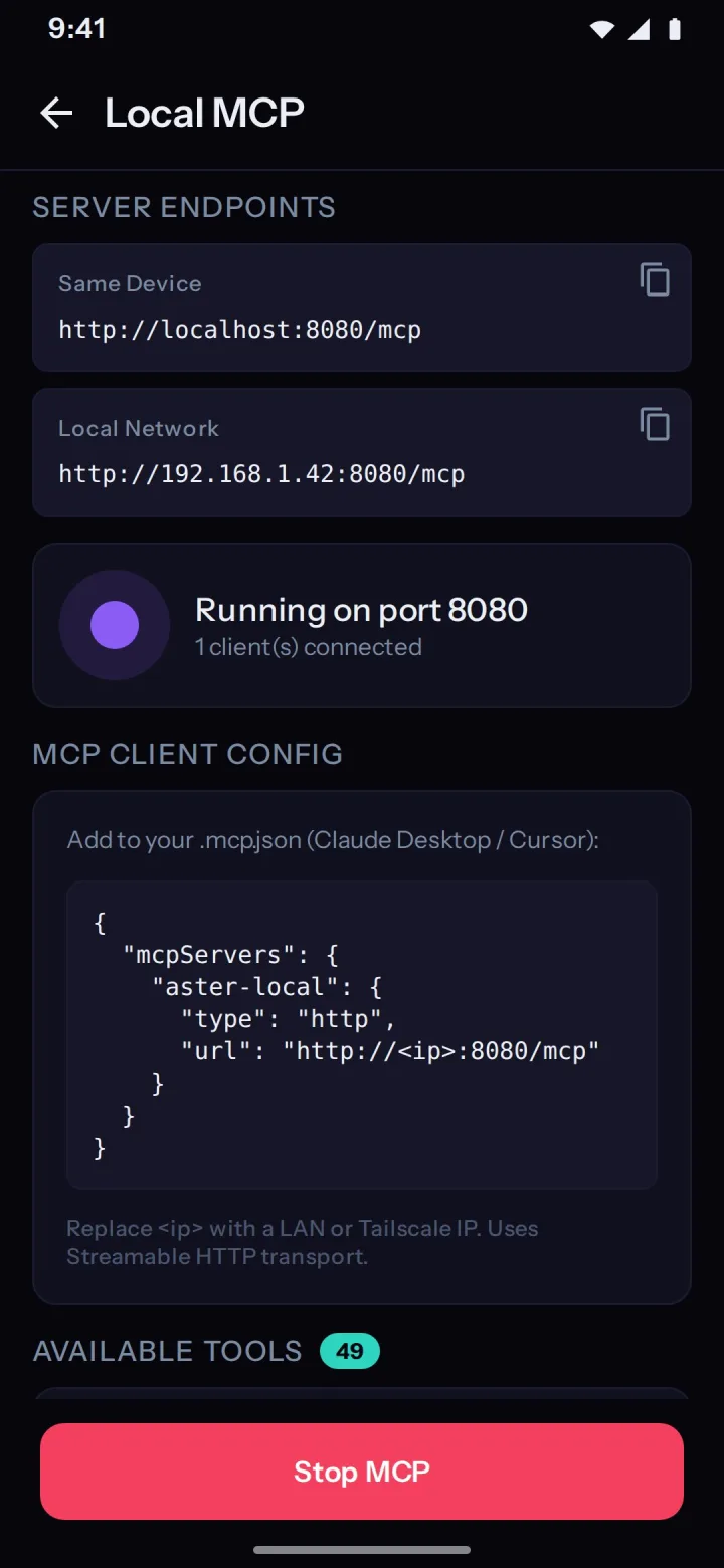 The on-device MCP server panel showing the local Ktor server switched on, its listening address, and the tool count it exposes.