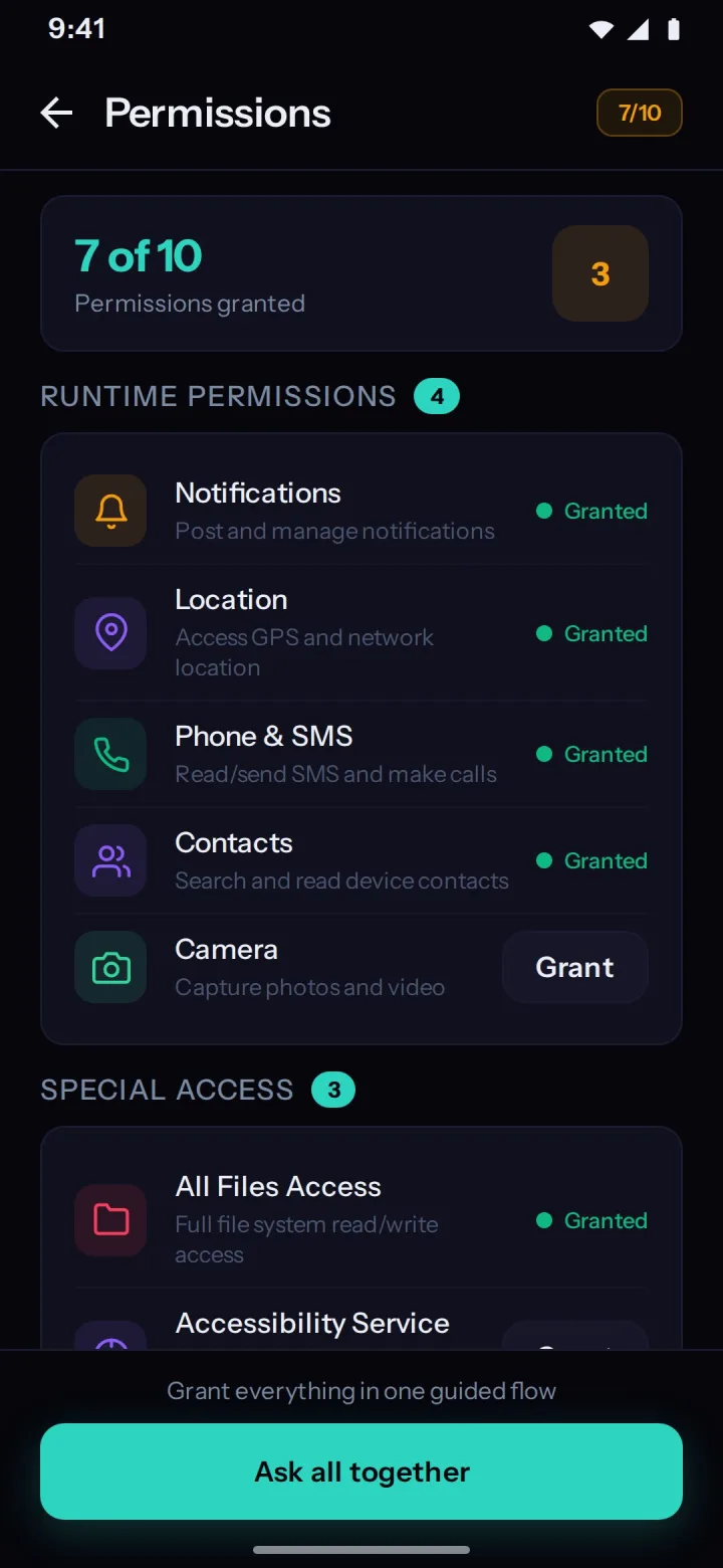 The permissions screen with each Android runtime and special-access grant listed and its state, plus the button that requests all of them in one guided pass.