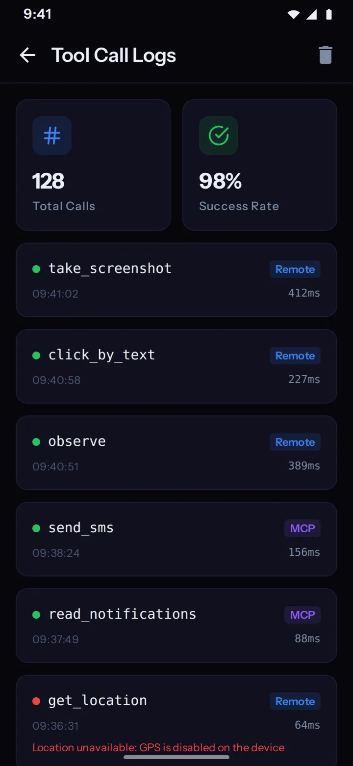 A chronological log of tool calls received from the assistant, each row showing the tool name, its arguments and whether it succeeded.