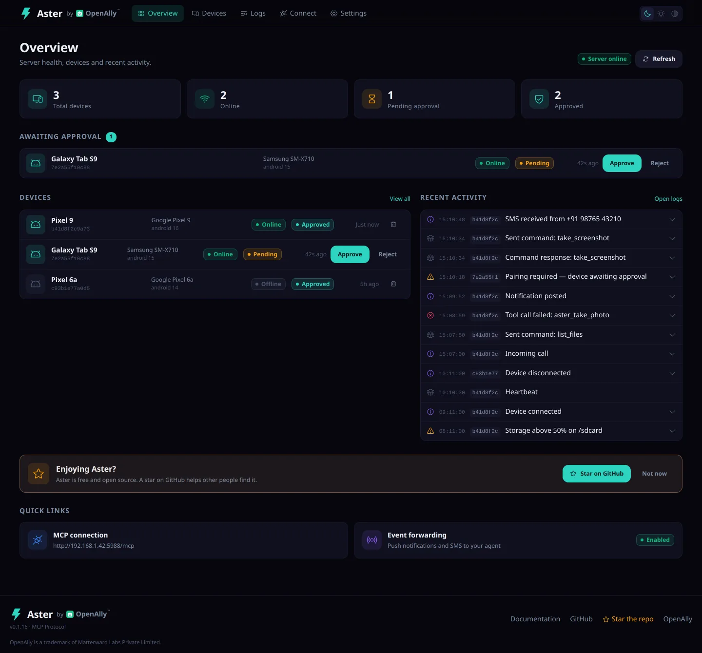The dashboard overview page: connected device count, server uptime, recent tool calls and a panel of quick actions.