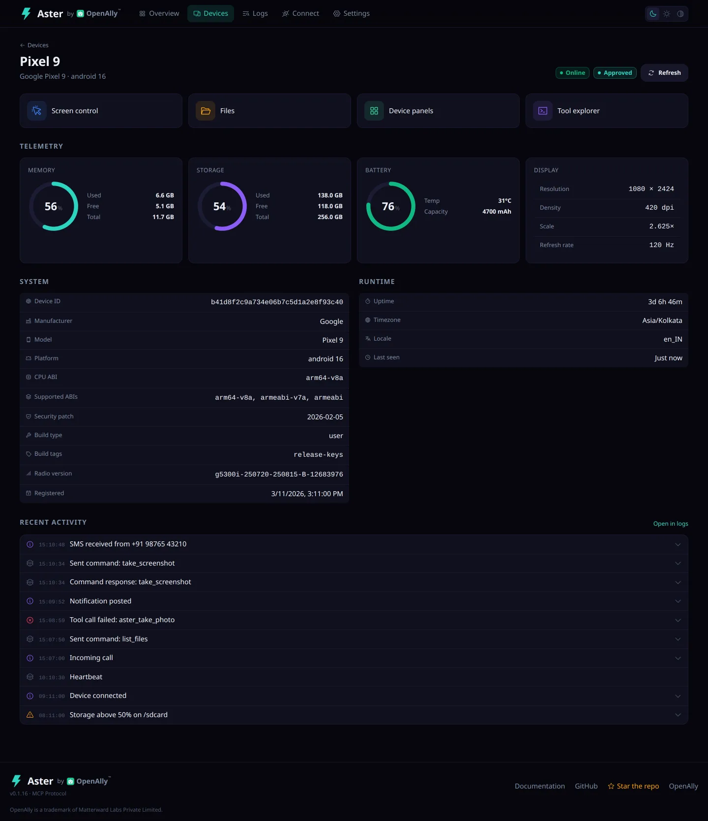 Live telemetry for one phone: battery level and charging state, storage use, network type and the running Aster services.