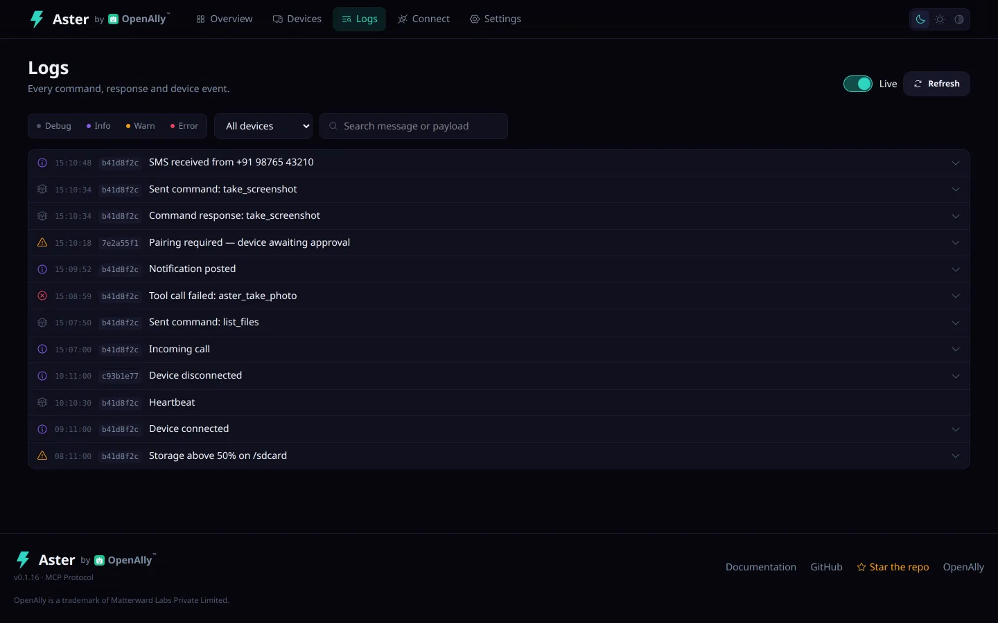 The server log stream, one line per request with its timestamp, level, source and message, filterable by level.
